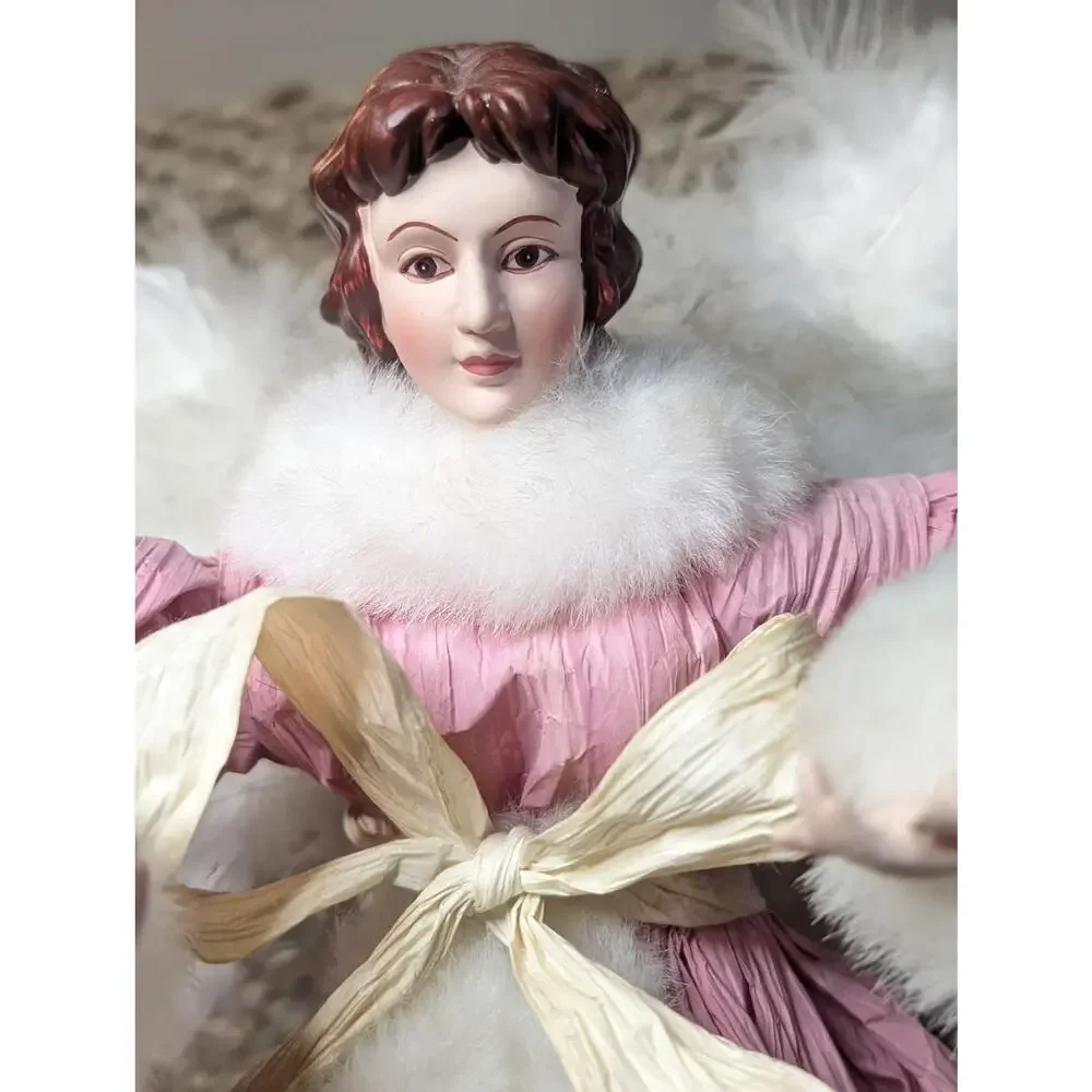 Christmas Pink Shabby Chic Faux Fur Feathers Victorian Angel Tree Topper 16
